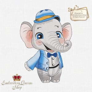Maskinbroderidesign för elefanter, Circus Babies-serien, 3 storlekar att ladda ner. Passar 130 x 180 mm (5x7") ring och större. Söt fluga med elefanthatt.