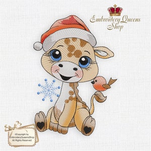 May include: Embroidered design of a cute giraffe wearing a red Santa hat and holding a small red bird. The giraffe has blue eyes and a snowflake is behind it. The design is perfect for Christmas crafts and embroidery projects.