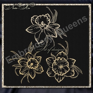 May include: Three gold embroidery designs of daffodils on a black background. The designs are outlined in gold thread and have a delicate, intricate look. The text "Set of designs" is visible in the center of the image.