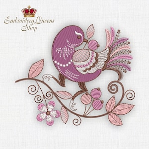May include: Embroidered design of a purple bird perched on a brown branch with pink flowers and berries. The design is stitched with pink, white, and brown thread.