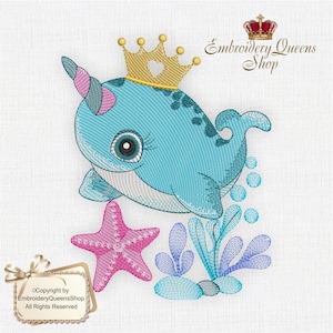 May include: Embroidered design of a blue narwhal wearing a gold crown with a pink heart. The narwhal is swimming in the ocean with pink starfish and blue seaweed.