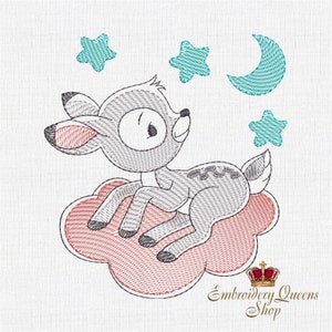 May include: Embroidered design of a grey deer sitting on a pink cloud with three turquoise stars and a turquoise crescent moon above. The design includes the text "Embroidery Queens Shop".