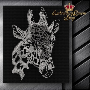 May include: A detailed white line drawing of a giraffe's head and neck on a black background. The giraffe's fur pattern is visible. The text "Embroidery Queens Shop" is in gold script.