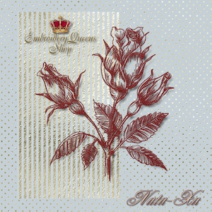 May include: A digital embroidery design featuring a red rose with a stem and leaves. The design is set against a background of gold stripes and a light blue background with gold dots. The text "Embroidery Queens Shop" is at the top of the design, with a crown above the text. The text "Nata-Art" is at the bottom of the design.