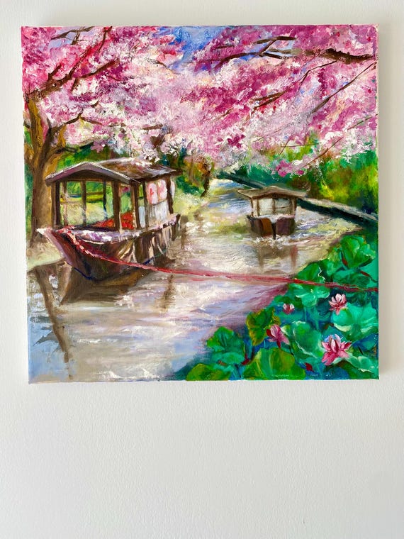 Japanese Landscape Oil Painting.river With Sakura Tree.hand