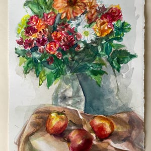 Dipinto ad acquerello di natura morta, Bouquet di mele, Belle Arti originale