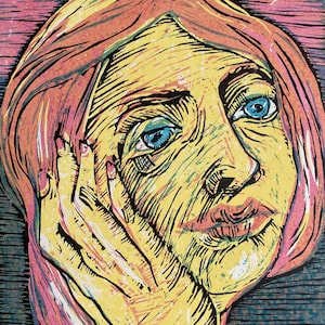 Dreamer Linocut Print: Colorful Relief Print, Vintage Wall Art