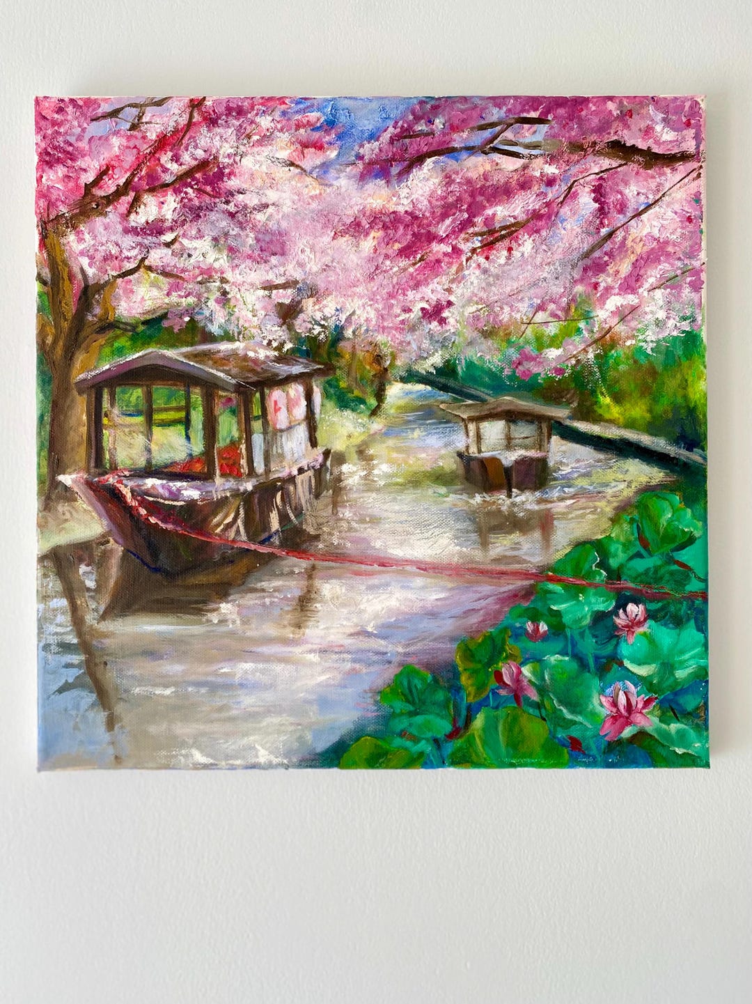 Japanese Landscape Oil Painting.river With Sakura Tree.hand