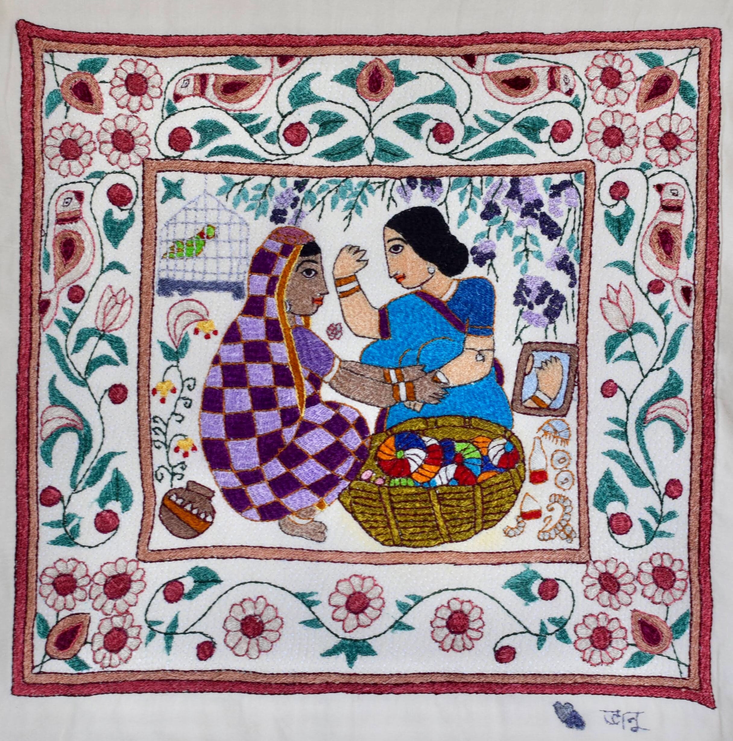 Tapisserie Brodée Art Populaire Bangladeshi – Mousseline De Soie – Femmes Au Thé – Encadrée 19x14”