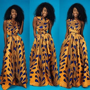 Blue White African Ankara Print Plus Size Clothing Sash Dress, African Ankara Wedding Guest Party Dress with Free Headwrap