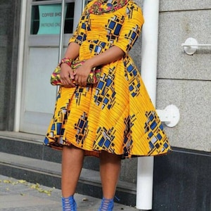 Blue White African Ankara Print Plus Size Clothing Sash Dress, African Ankara Wedding Guest Party Dress with Free Headwrap