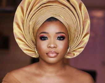 Afrikanische Gele ofi für Frauen, nigerianische traditionelle Braut aso oke Hüte, Stirnband, ebi Autogele, Hochzeit prettied, bereit zu tragen und wraps