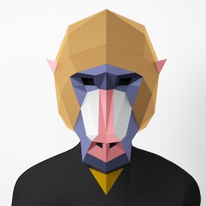Máscara de babuino DIY, Máscara de baja poli, Máscara de artesanía de papel, Máscara 3D de plantilla Pdf, Disfraz de mono, Arte de papel poligonal, Máscara de papel, Máscara 3d, Máscara diy