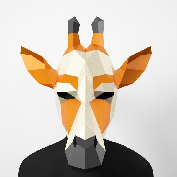Máscara de jirafa DIY, Máscara Low Poly, Máscara de papel artesanal, Plantilla de PDF Máscara 3D, Máscara 3D, Polígono, Geométrica, Traje de jirafa, Patrón, Descargar