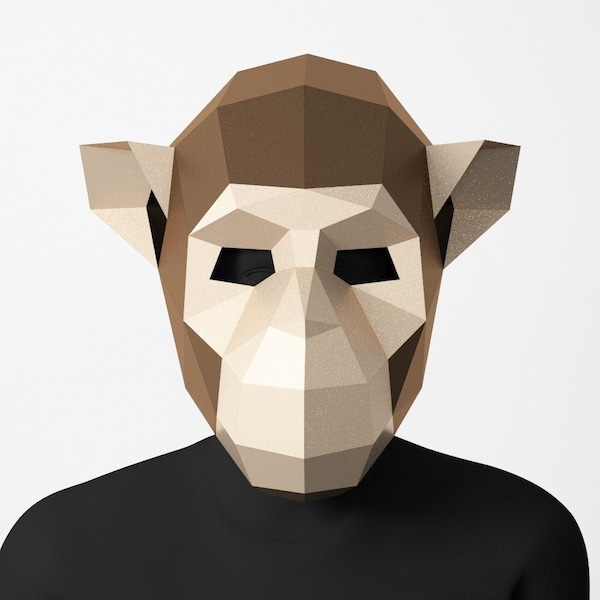 Masque de singe chimpanzé Low Poly, bricolage en papier, masques 3D modèle PDF, costume de singe, décor de fête de singe, masque en papier Low poly, costume d'enfant