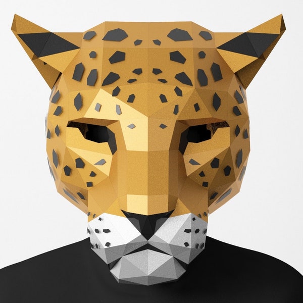 Masque Jaguar, masque 3d, modèle d'assemblage PDF, masque Papercraft bricolage, masque Low Poly, modèle d'artisanat en papier, masque en papier, costume pour enfants