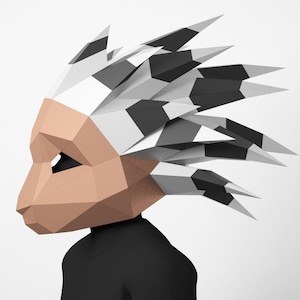 Máscara de puercoespín, máscara 3D, plantilla Low Poly, máscara de papel DIY, disfraz de niño, cosplay, artesanía de papel 3D, máscara poligonal