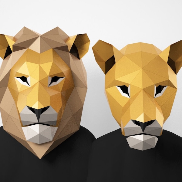 Masques du Lion et de la Lionne, Low Poly, Paper Craft Mask, Pdf Template, Paper craft, Pdf, DIY, Polygonal, Pepakura, Papermask, Paper art,