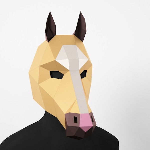 Masque de cheval, Masque 3D, Costume DIY, Modèle imprimable, Papercraft, Low Poly, Costume, Cadeau de cheval, Costume de cheval, Papier de cheval