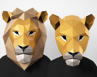 Low Poly Lion and Lioness Masks: DIY Paper Craft Template (PDF)
