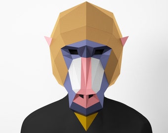 Baboon Mask DIY, Low Poly Mask, Paper Craft Mask, Pdf Template 3D Mask, Monkey costume, Polygonal Paper Art, Papermask, 3d mask, diy mask