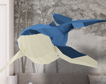 Walvis 3D kunst, slaapkamer decor diy, papercraft cadeau, laag poly model, PDF-sjabloon, woondecoratie, blauwe vinvis, papier ambachtelijke