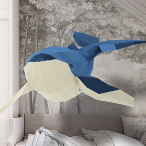 Whale 3D Art, Bedroom Decor Diy, Papercraft Gift, Low Poly Model, PDF Template, Home Decor, Blue Whale, Paper Craft image 1