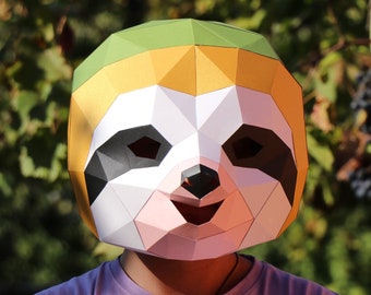 Sloth Mask,  Kids Mask, PDF Template Low Poly Mask, Sloth costume, DIY 3D mask, Paper Craft Mask, Poligonal, Sloth Gifts