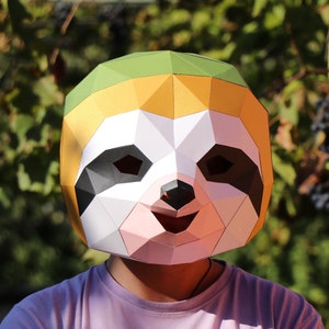 Máscara de Perezoso, Máscara para Niños, Plantilla PDF Máscara Low Poly, Disfraz de Perezoso, Máscara DIY 3D, Máscara Artesanal de Papel, Poligonal, Regalos de Perezoso