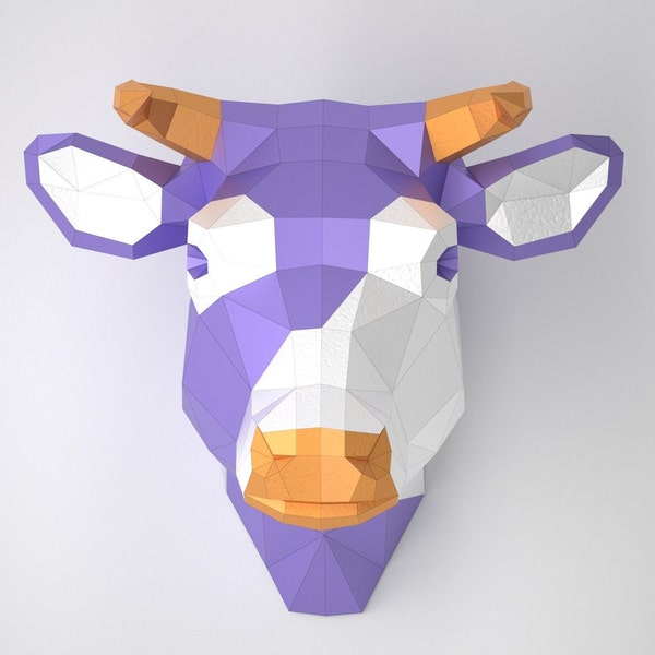 Cow Head, Low Poly, Wall Decor Polygonal , PDF Template DXF and SVG files