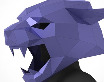May include: A purple papercraft mask of a snarling panther head. The mask is made of folded paper and has a detailed, realistic design.