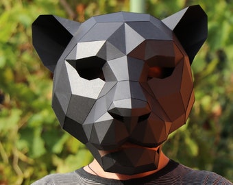 Masque de panthère, Artisanat en papier low poly, Modèle PDF, Panthère noire, masque en papier, carton, Impression de panthère, Motif de panthère, Masque d'Halloween,