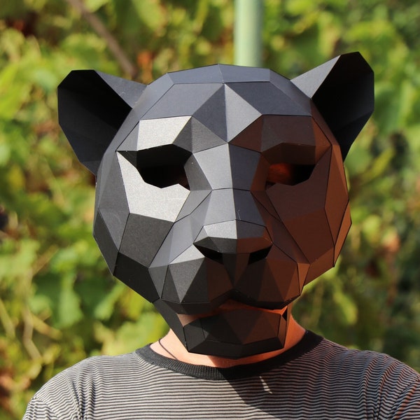 Panther mask, Low poly Paper craft, PDF template, Black panther, papermask, cardboard, Panther printing, Panther pattern, Halloween maske,