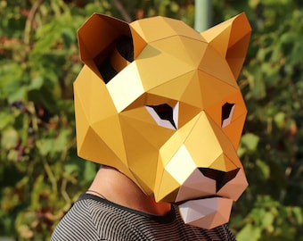 Máscara de Leona Low Poly, Máscara de Artesanía de Papel DIY Leona, Plantilla PDF para Máscaras 3D, Rey León, Máscara de Papel, Proyectos de bricolaje, Origami, Disfraz de niños,