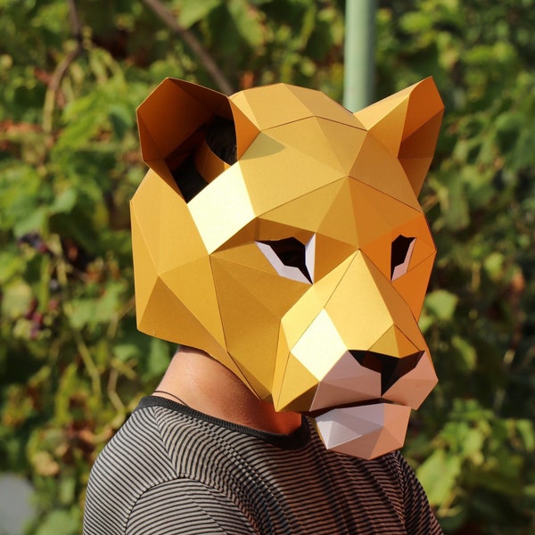 Lioness Mask Low Poly, DIY Paper Craft Mask Lioness, PDF Template For 3D Masks, Lion King, Papermask, DIY projects, Origami, Kids costume,