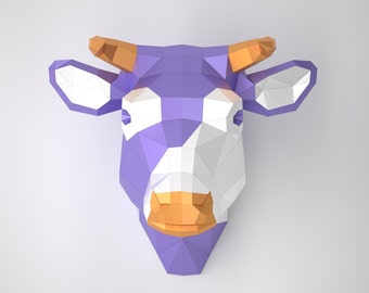 Cow Head, Low Poly, Wall Decor Polygonal , PDF Template DXF and SVG files