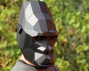 Gorilla Maske DIY, Low Poly Maske Gorilla, Papier Handwerk Maske Gorilla, Pdf Vorlage Polygonal 3D Maske