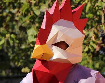 Rooster Mask DIY,  Cockerel Mask Low Poly Mask Rooster, Paper Craft Mask Chicken, Pdf Template 3D Mask, Costume diy, Polygonal, Paper Art