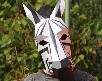 Zebramasker + strepen Low Poly 3D-masker, DIY Paper Craft Mask Zebra, PDF-sjabloon, Zebra-kostuum, Kid-kostuum, veelhoekig, origami, 3D-masker