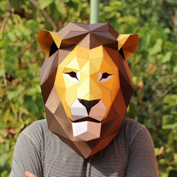 Modello PDF Papercraft maschera leone, maschera low poly fai da te, Re Leone, modello leone, modello artigianale con la carta, maschera di carta, maschera 3d, arte della carta, costume,