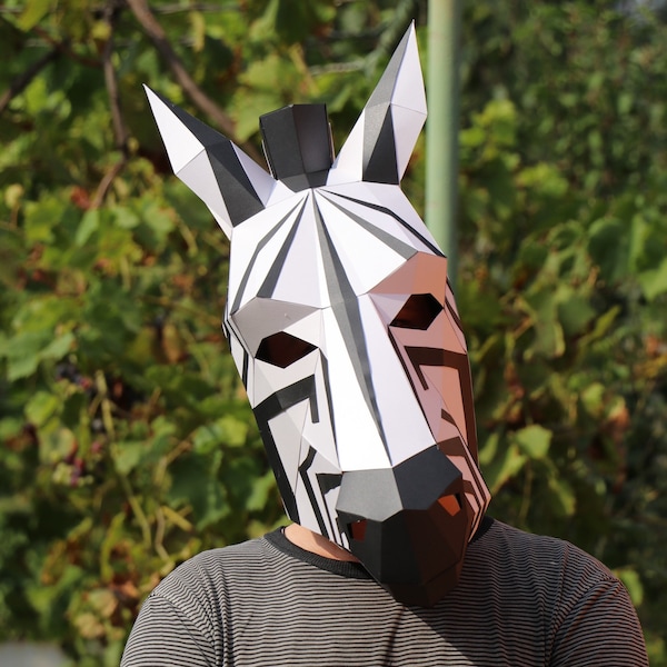 Zebra mask + stripes Low Poly 3D Mask, DIY Paper Craft Mask Zebra, PDF Template, Zebra costume, Kid Costume, Polygonal, Origami, 3d Mask