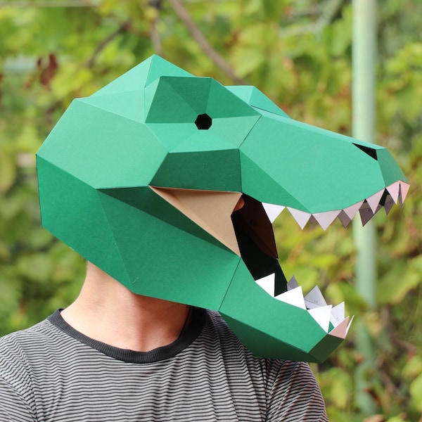 Máscara T-rex Low Poly, dinosaurio de máscara artesanal de papel DIY, plantilla PDF para 3D, tiranosaurio, arte de papel poligonal, máscara 3d de máscara de papel, disfraz diy