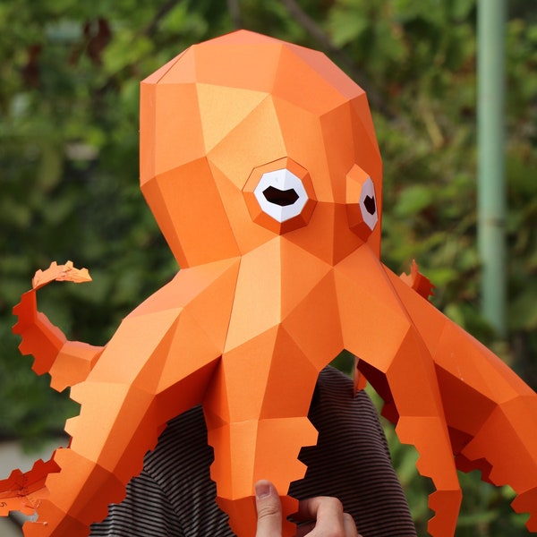 Masque de poulpe DIY, Low Poly Mask Devilfish, Paper Craft Mask Poulpe, Pdf Template 3D Mask, Kraken mask, Paper art, Kids costume,