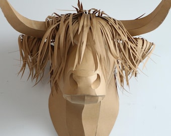 Highland Cow Papercraft Wall Sculpture, PDF Template