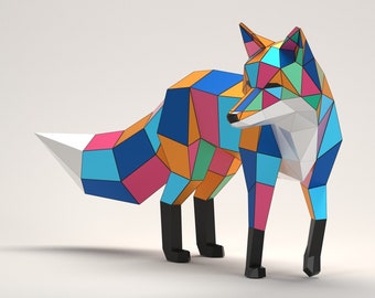 Sculpture polygonale en renard, animal low poly. Modèle PDF, fichiers DXF et SVG