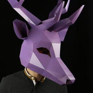Masque de cerf, Masque Low Poly, Masque en papier 3D, Mascarade de fête, Masque animal, Costume de cerf, Déguisement d'enfant, Masque papercraft, Polygonal