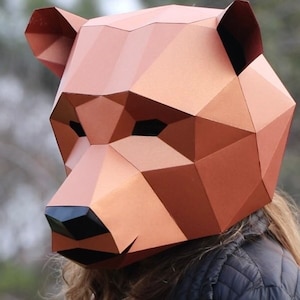 Maschera orso fai da te, maschera low poly, maschera di carta artigianale, modello PDF maschera 3D, maschera low poly orso bruno, modello PDF, arte poligonale di carta, maschera di carta