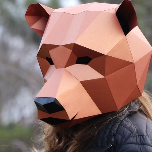 Máscara de oso DIY, máscara de baja poli, máscara de artesanía de papel, máscara 3D de plantilla PDF, máscara de baja poli de oso pardo, plantilla PDF, arte de papel poligonal, máscara de papel