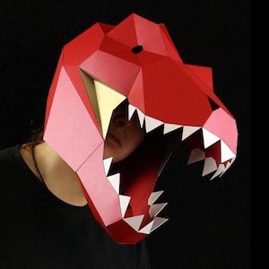 Maschera T-rex Low Poly, maschera fai da te in carta da dinosauro, modello PDF per 3D, tirannosauro, arte poligonale in carta, maschera 3D in carta, costume fai da te
