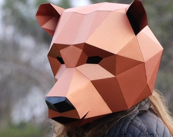 Bear Mask DIY, Low Poly Mask, Paper Craft Mask, Pdf Template 3D Mask, Brown Bear Low Poly Mas, PDF Template, Polygonal Paper Art, Papermask